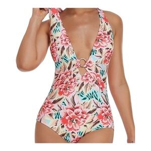 Liora Floral Print Deep V Neck Ring Front and Back One Piece Swimsuit NWT